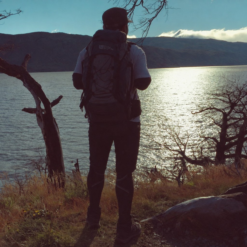 A person from behind, backpack on, looking out over a lake between mountains.